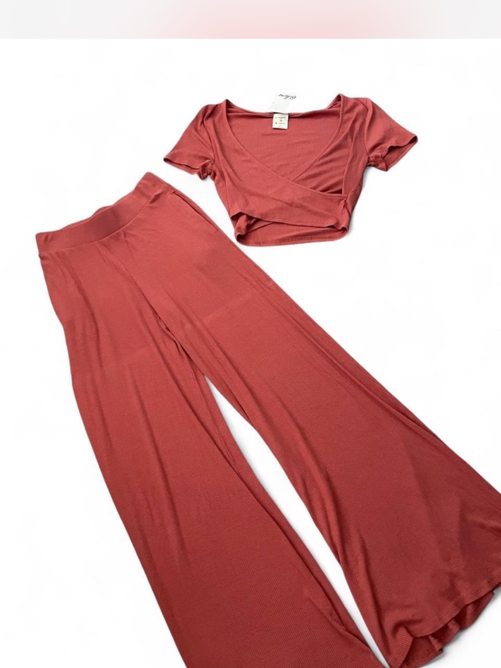 By Together Rust Wide Leg Knit Pants & Wrap Crop Top Set
